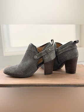 Franco Sarto Gray Perforated Suede Cutout Block Heel Booties